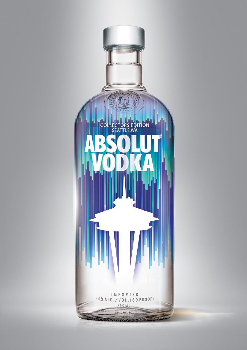 Absolut Vodka Seattle edition bottle with the Space Needle