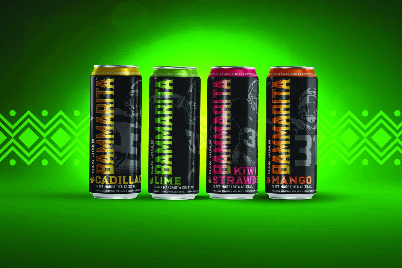 Four Bammarita cans on green