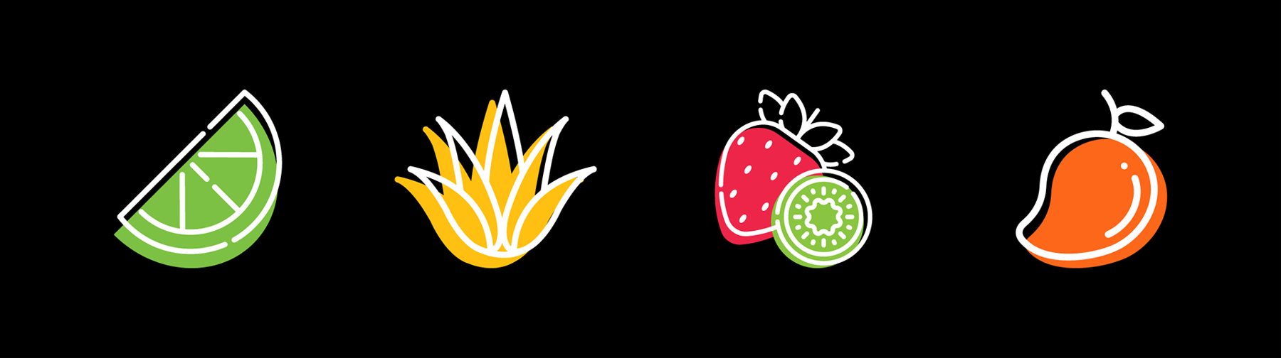 Flavor icons for lime, agave, strawberry kiwi and mango